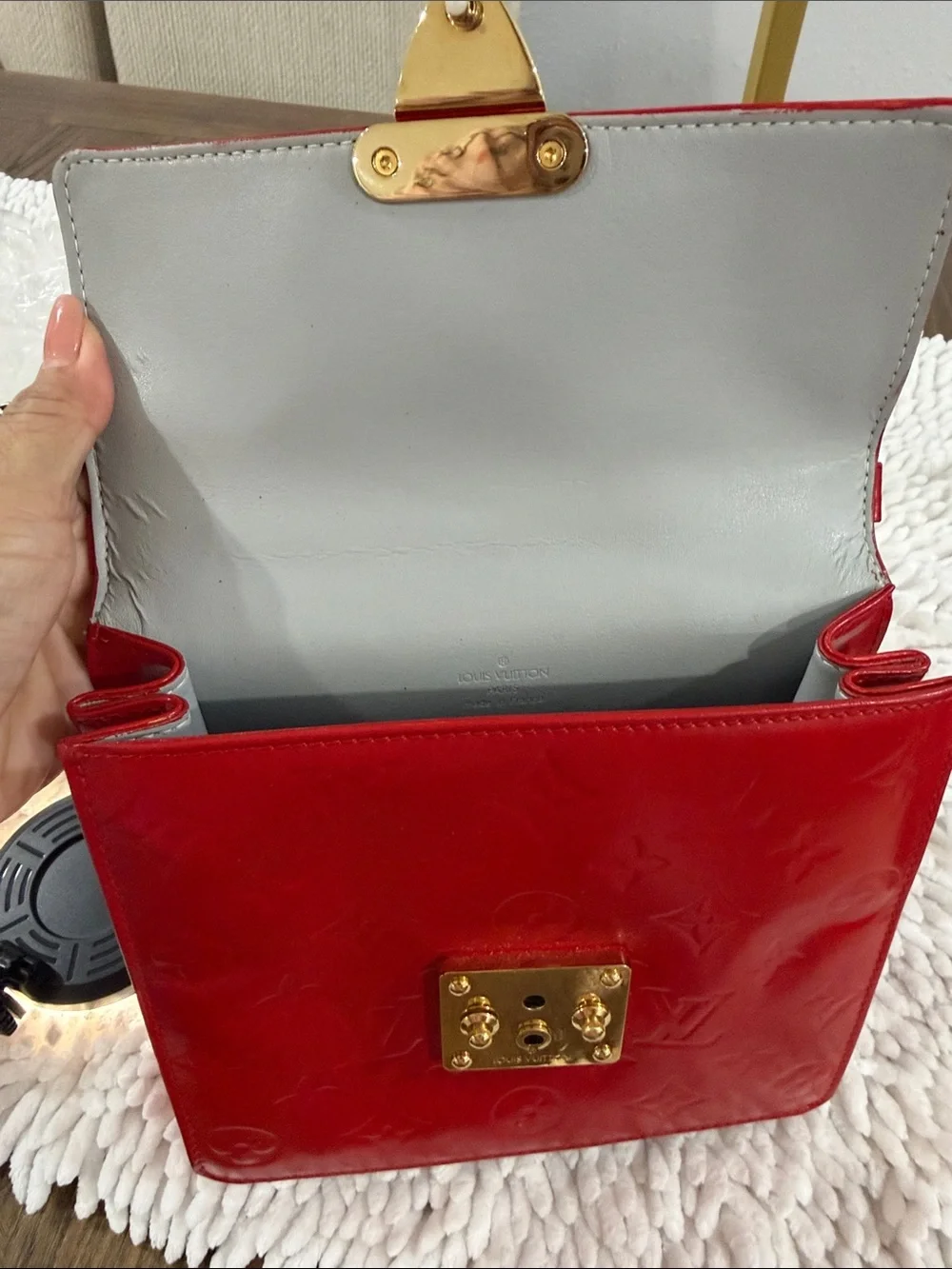 Louis Vuitton Red Vernis Satchel with Gold-Tone Lock